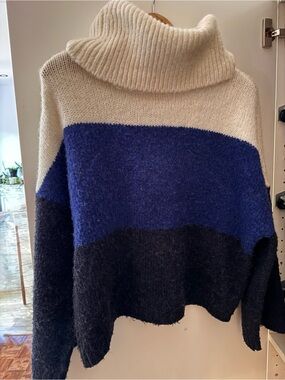 ONLY Oversized Colorblock Turtleneck Sweater S Blue Black Cream
